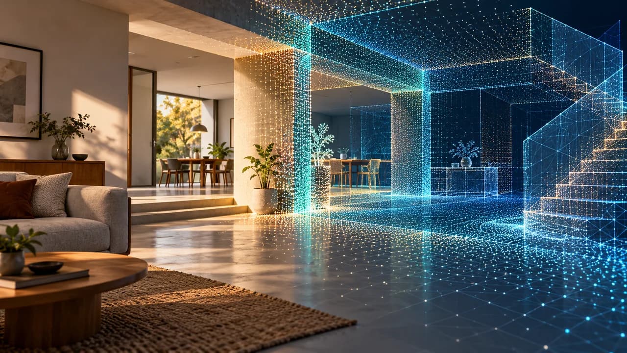 Conceptual interior transitioning from solid surfaces into a luminous 3D point cloud and mesh.